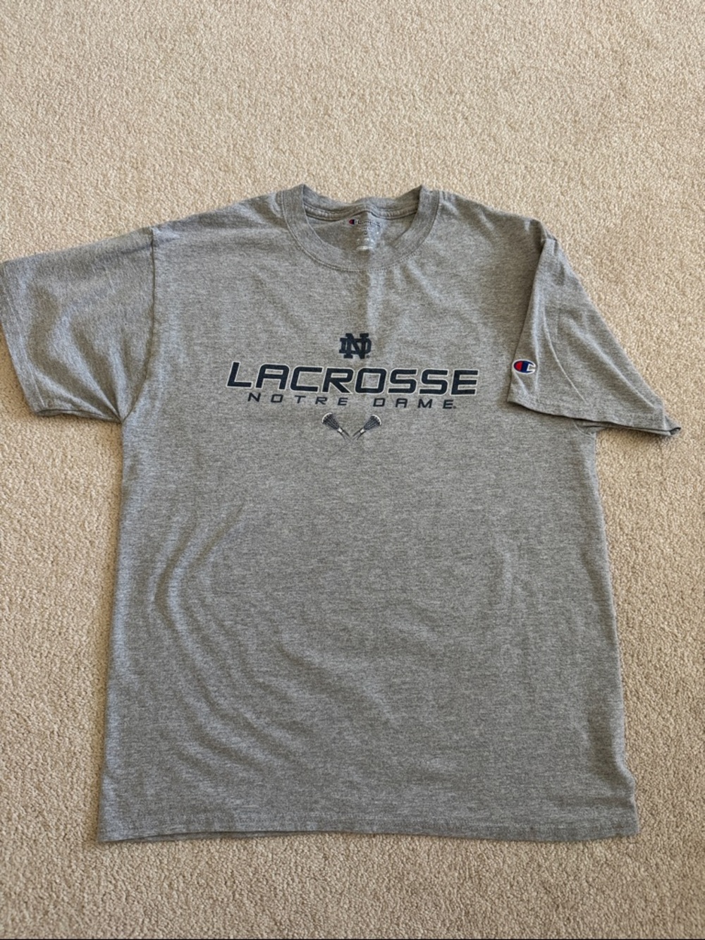 Champion Notre Dame Lacrosse Tee - Gray with Navy Logo, Stitched Champion Logo